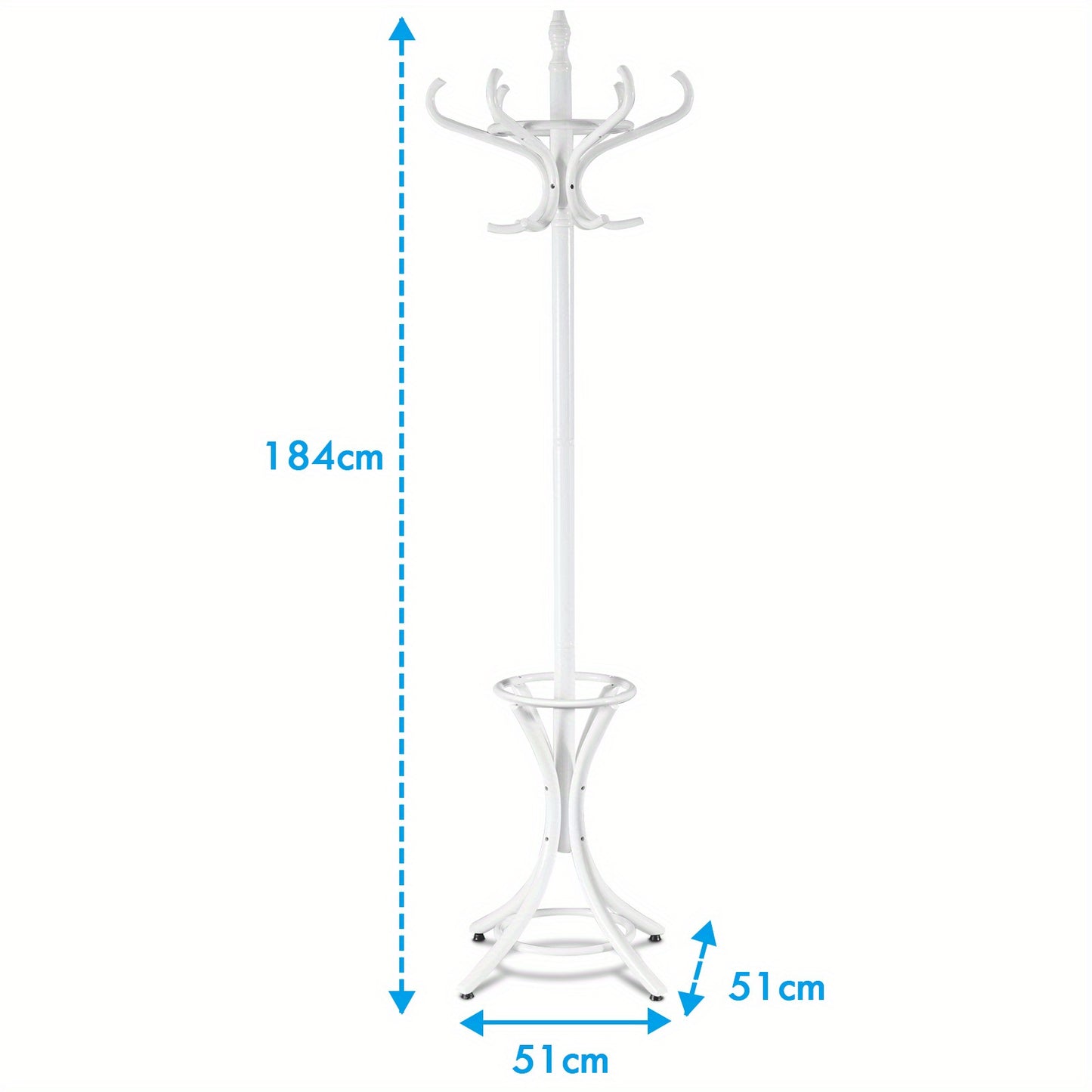 Kapstok – Staande Kapstok – Garderoberek – Kledingrek – Parapluhouder – 184 cm Hoog – 12 Stevige Haken – Wit Metalen Frame