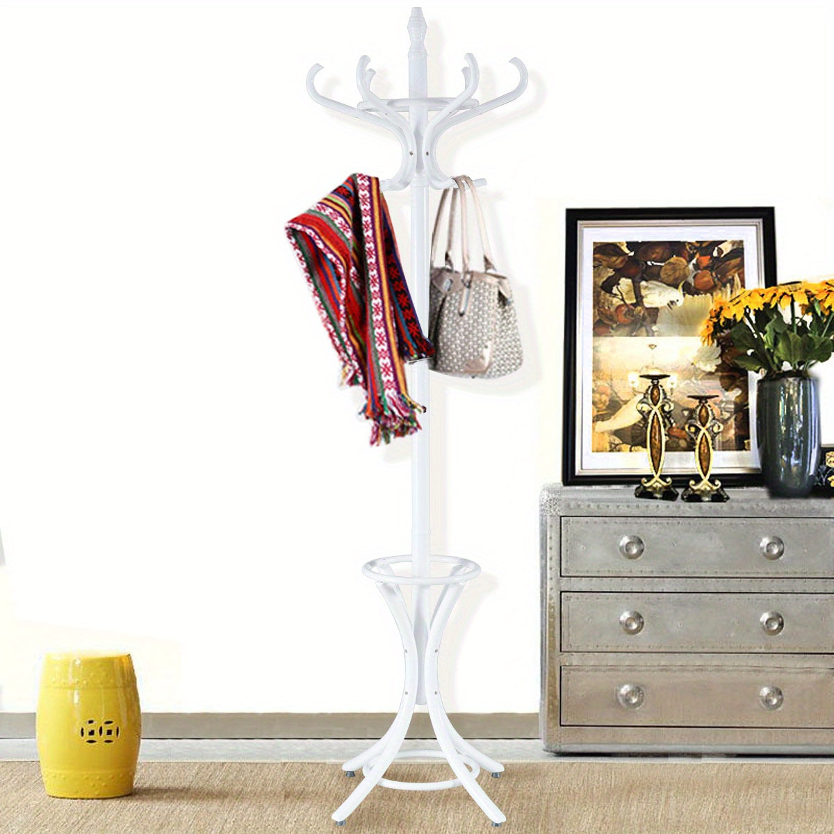 Kapstok – Staande Kapstok – Garderoberek – Kledingrek – Parapluhouder – 184 cm Hoog – 12 Stevige Haken – Wit Metalen Frame