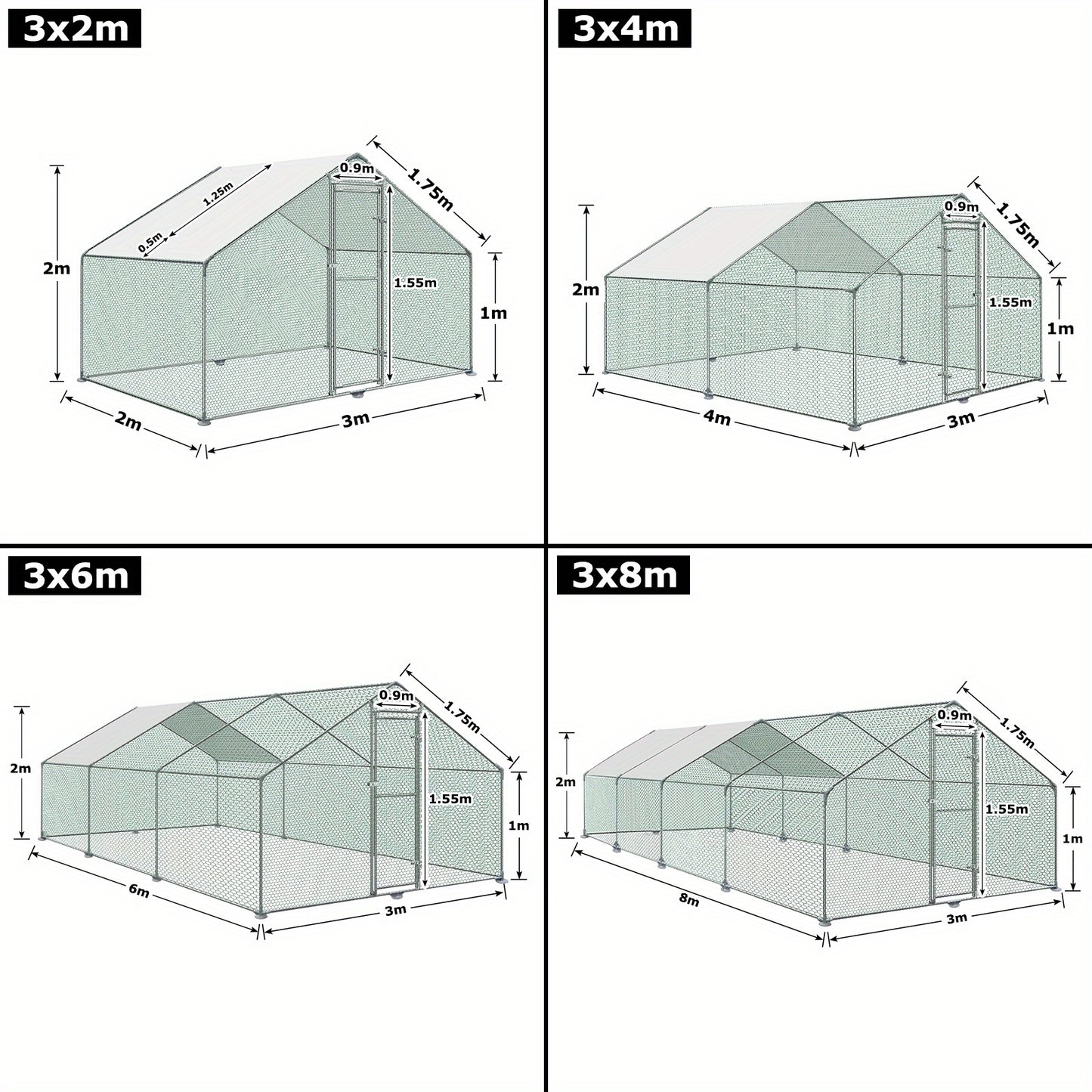 Kippenhok – Kippenren – Pluimveeverblijf – Buitenren – Dierenren – Gegalvaniseerd Stalen Frame – Waterdicht PVC Dak – Afmeting 3x8x2m – Deur Met Slot