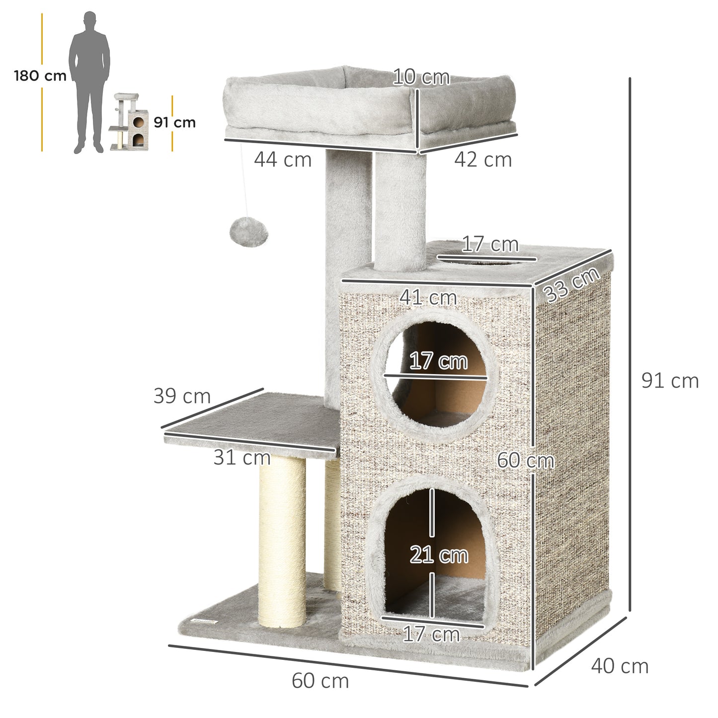Krabpaal – Kattenkrabpaal – Kattenboom – Krabmeubel – Kattenhuis – Met Kattenhol En Speelbal – 91 cm Hoog – Lichtgrijs Met Natuurlijke Kleuren