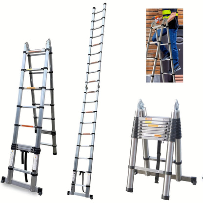 Telescopische Ladder – Uitschuifbare Ladder – Vouwladder – A-Frame Ladder – Trappenladder – 5 Meter Hoogte – Roestvrij Staal & Stabilisatorbalk