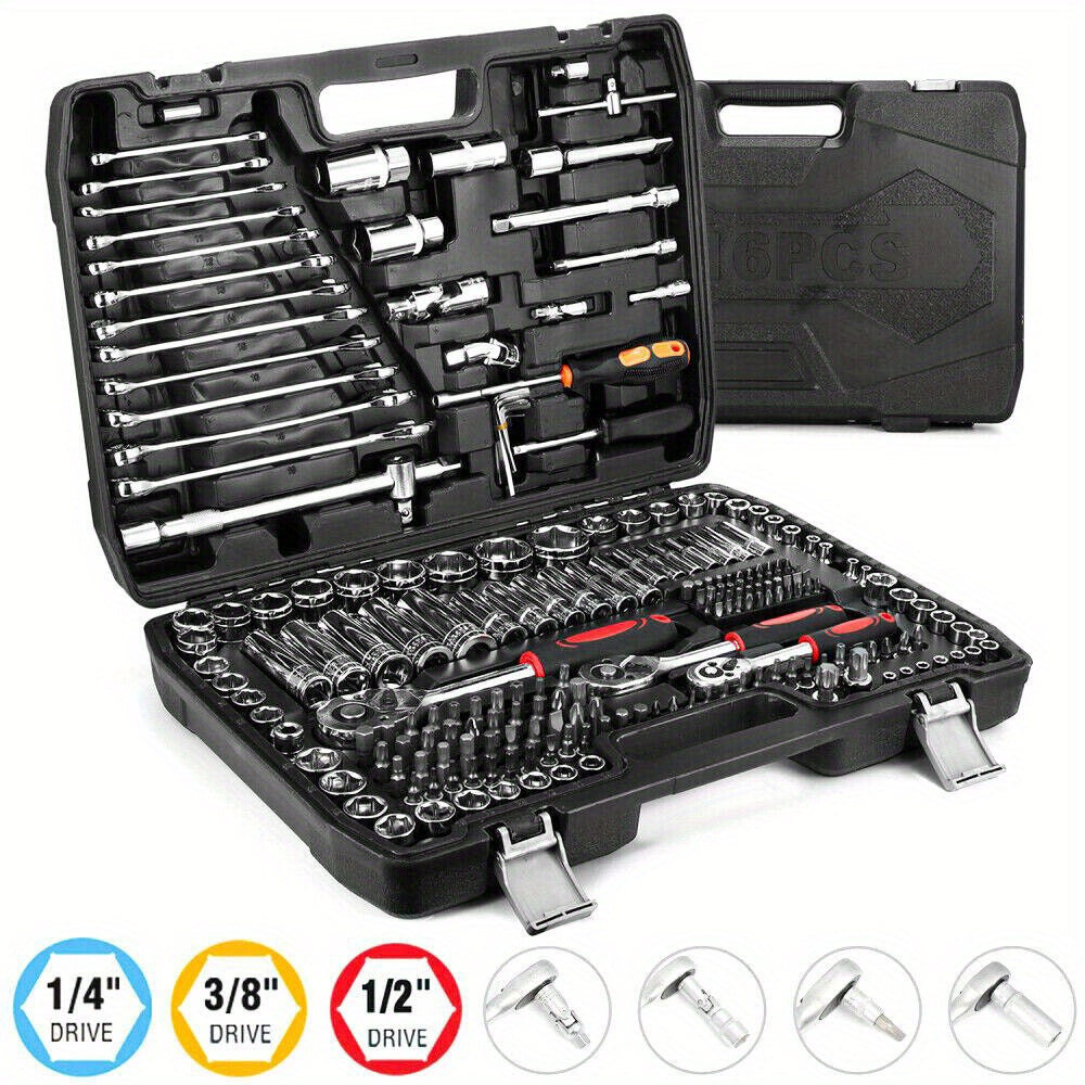 Dopsleutelset – Doppenset – Ratels – Sleutelset – Bitset – 216-delig – Omkeerbare Ratels 1/4", 3/8" & 1/2" – Robuust Metaal Met Koffer