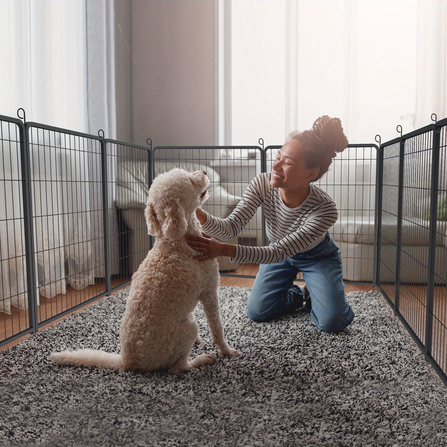 Puppyren – Hondenren – Dierenren – Puppyafscheiding – Kleine huisdierenren – Inklapbaar en verstelbaar – Met automatische sluitdeur 80 cm hoog – 16 metalen panelen mat zwart