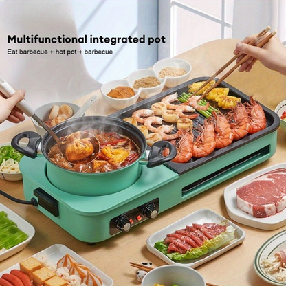 2-in-1 Elektrische Grill & Hot Pot – Elektrische BBQ – Tafelgrill – Hotpot Set – Fondue Grill – Non-stick Aluminium – Krachtige Warmtegeleiding – Groen Variant