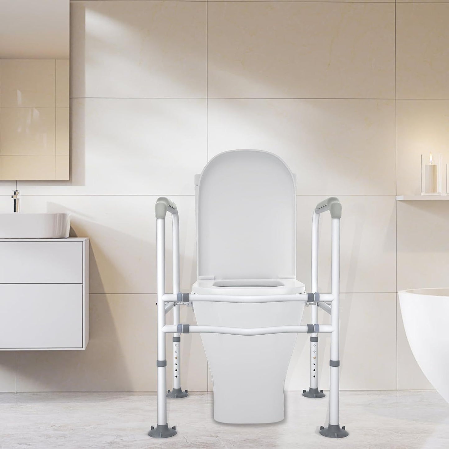 Toilet Steunpoot – WC Steunbeugel – Toiletafzet – Toiletbeugel Verstelbaar – Toiletstoel Beugel Wit – Geen Boren – Anti-slip Met Armleuningen – Tot 200 kg Belastbaar