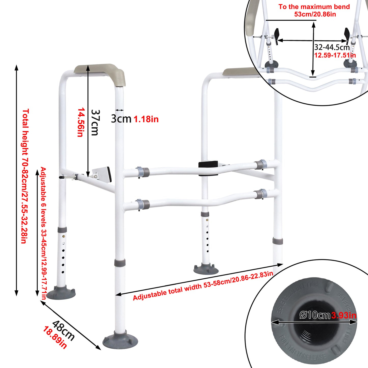 Toilet Steunpoot – WC Steunbeugel – Toiletafzet – Toiletbeugel Verstelbaar – Toiletstoel Beugel Wit – Geen Boren – Anti-slip Met Armleuningen – Tot 200 kg Belastbaar