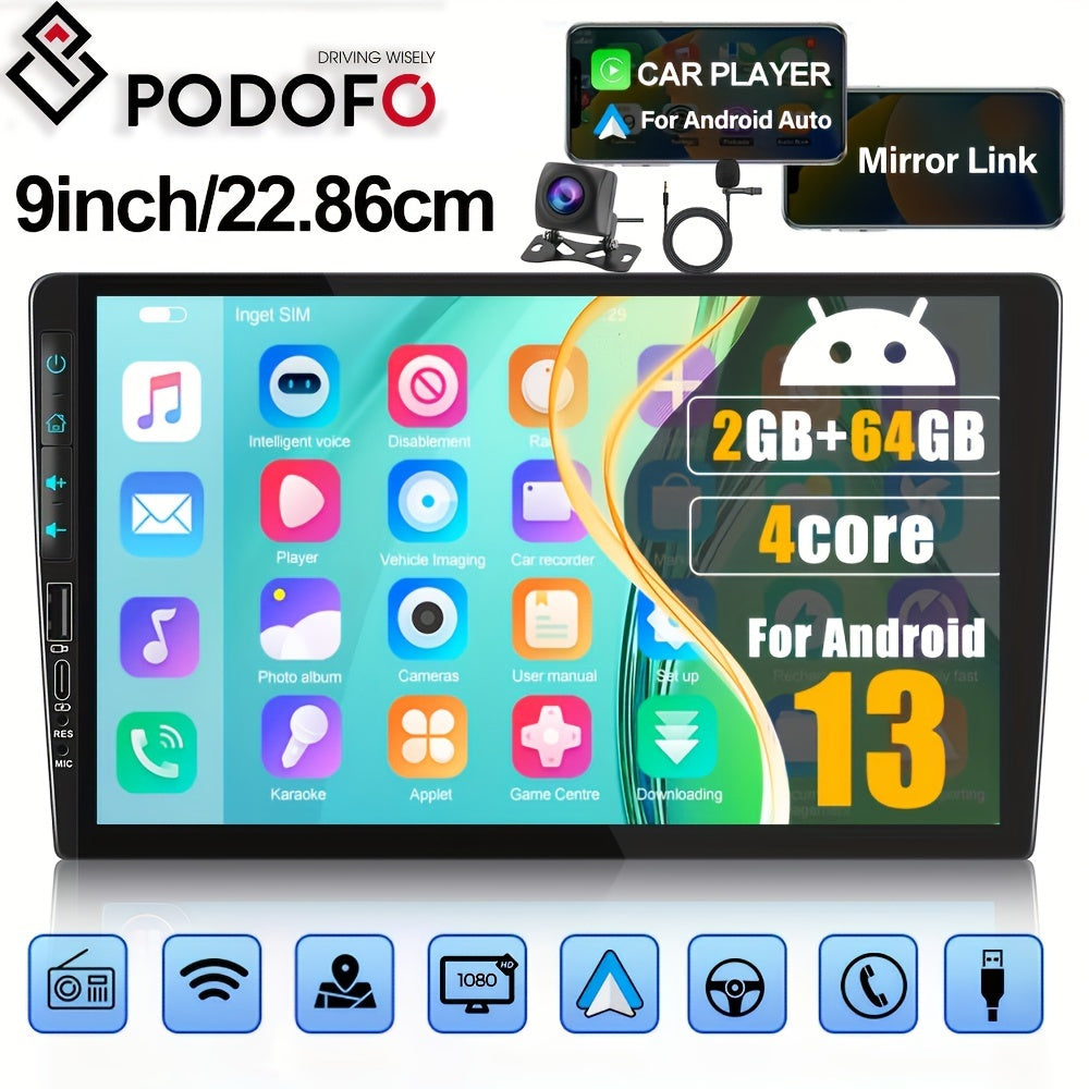 Autoradio – Auto Radio – Multimedia Speler – 2 DIN Autoradio – Touchscreen Autoradio – 9 Inch Scherm – Android 13 Systeem – Draadloze CarPlay & Achteruitrijcamera