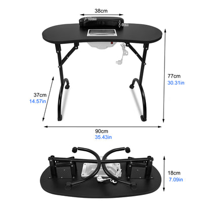 Foldable Manicure Table with Wheels - Portable & Mobile Salon Table, 90x37x77cm, Black/White, Metal Construction, Plug Powered, European Plug
