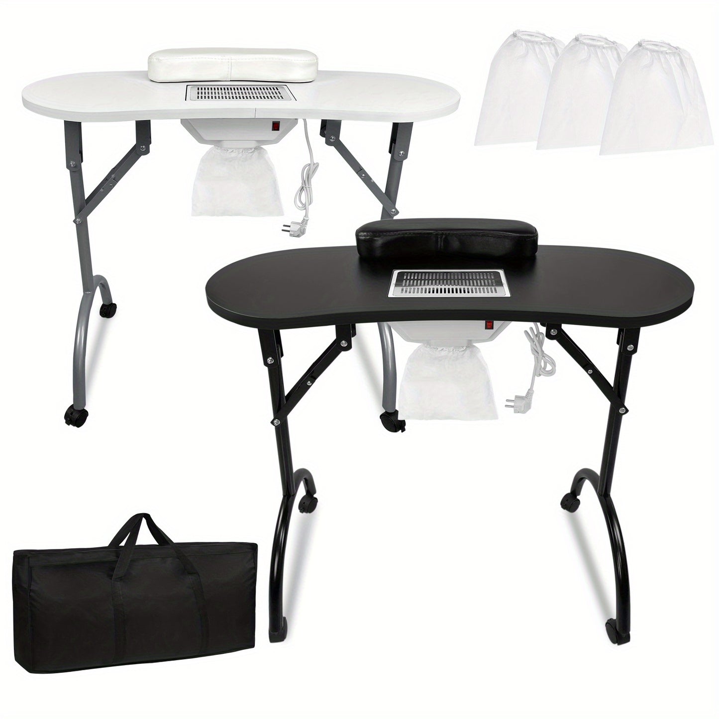 Foldable Manicure Table with Wheels - Portable & Mobile Salon Table, 90x37x77cm, Black/White, Metal Construction, Plug Powered, European Plug