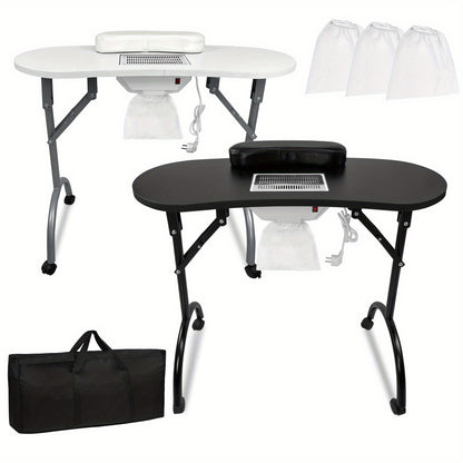 Foldable Manicure Table with Wheels - Portable & Mobile Salon Table, 90x37x77cm, Black/White, Metal Construction, Plug Powered, European Plug