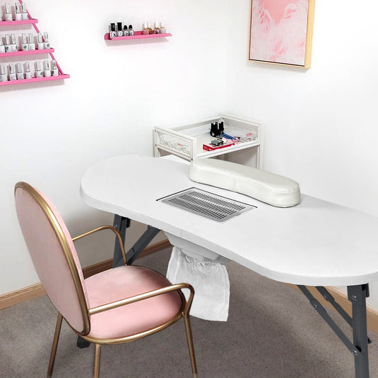 Foldable Manicure Table with Wheels - Portable & Mobile Salon Table, 90x37x77cm, Black/White, Metal Construction, Plug Powered, European Plug