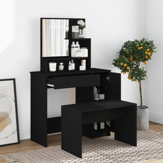 Kaptafel – Make-uptafel – Schminktafel – Toilettafel – Schminktafel Zwart – Massief Hout & MDF – Compact 86,5x35x136 cm – Met Spiegel & Opbergruimte