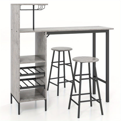 Industriële Bartafel – Barset – Bistrotafel – Hoogtafel – Krukenset – Met Wijnrek Voor 6 Flessen – Compact & Duurzaam MDF Met Metaal - Grijs