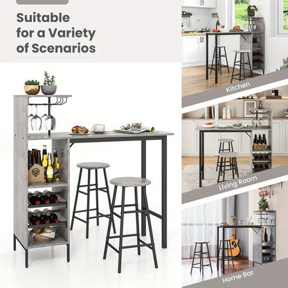 Industriële Bartafel – Barset – Bistrotafel – Hoogtafel – Krukenset – Met Wijnrek Voor 6 Flessen – Compact & Duurzaam MDF Met Metaal - Grijs