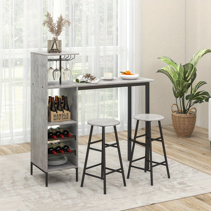 Industriële Bartafel – Barset – Bistrotafel – Hoogtafel – Krukenset – Met Wijnrek Voor 6 Flessen – Compact & Duurzaam MDF Met Metaal - Grijs