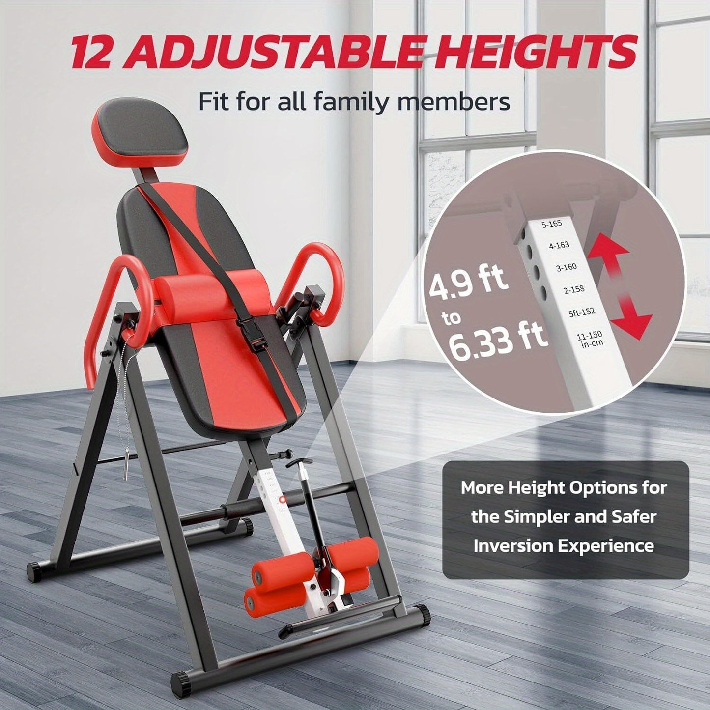 Inversietafel – Omkeerstoel – Rugontspanner – Spinal Decompressie – Fitnessapparaat – Opvouwbaar – Verstelbaar – Stevig Stalen Frame – Max 136 kg – Rood