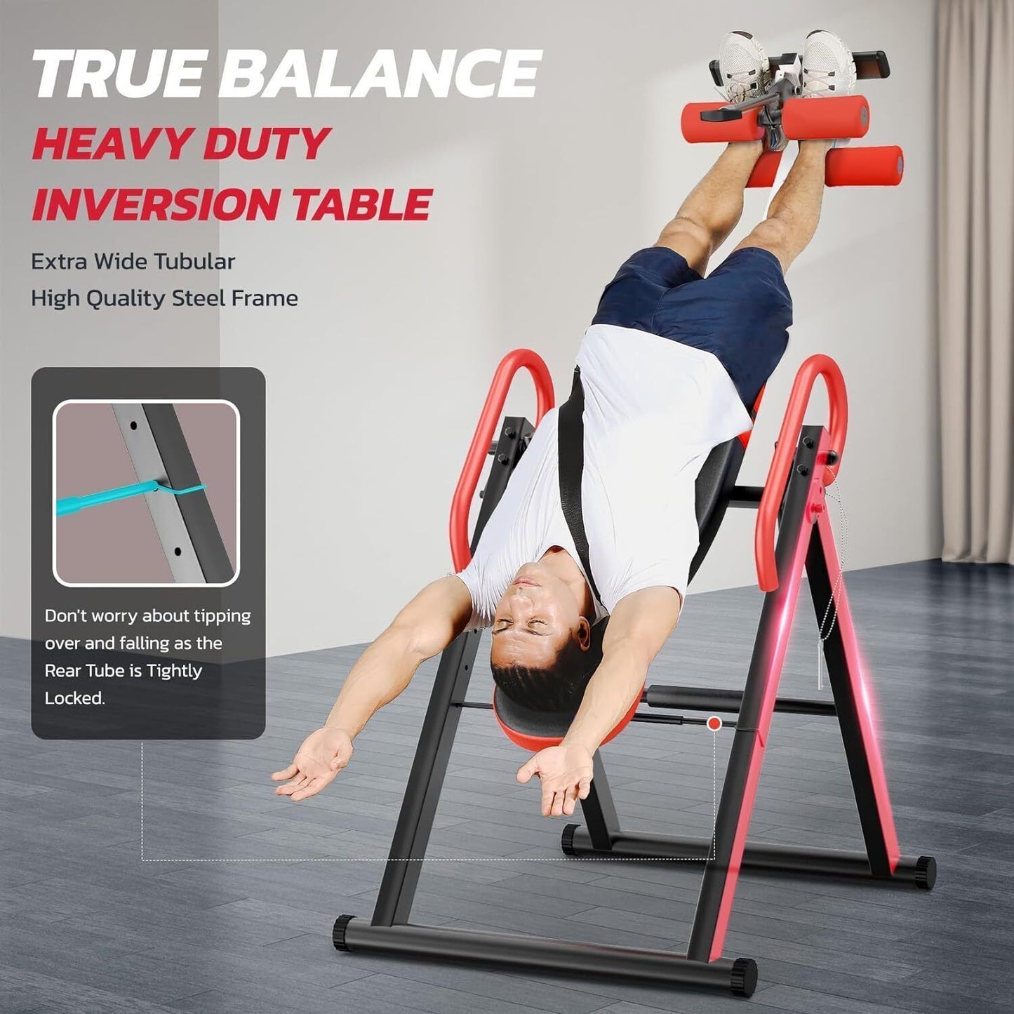Inversietafel – Omkeerstoel – Rugontspanner – Spinal Decompressie – Fitnessapparaat – Opvouwbaar – Verstelbaar – Stevig Stalen Frame – Max 136 kg – Rood