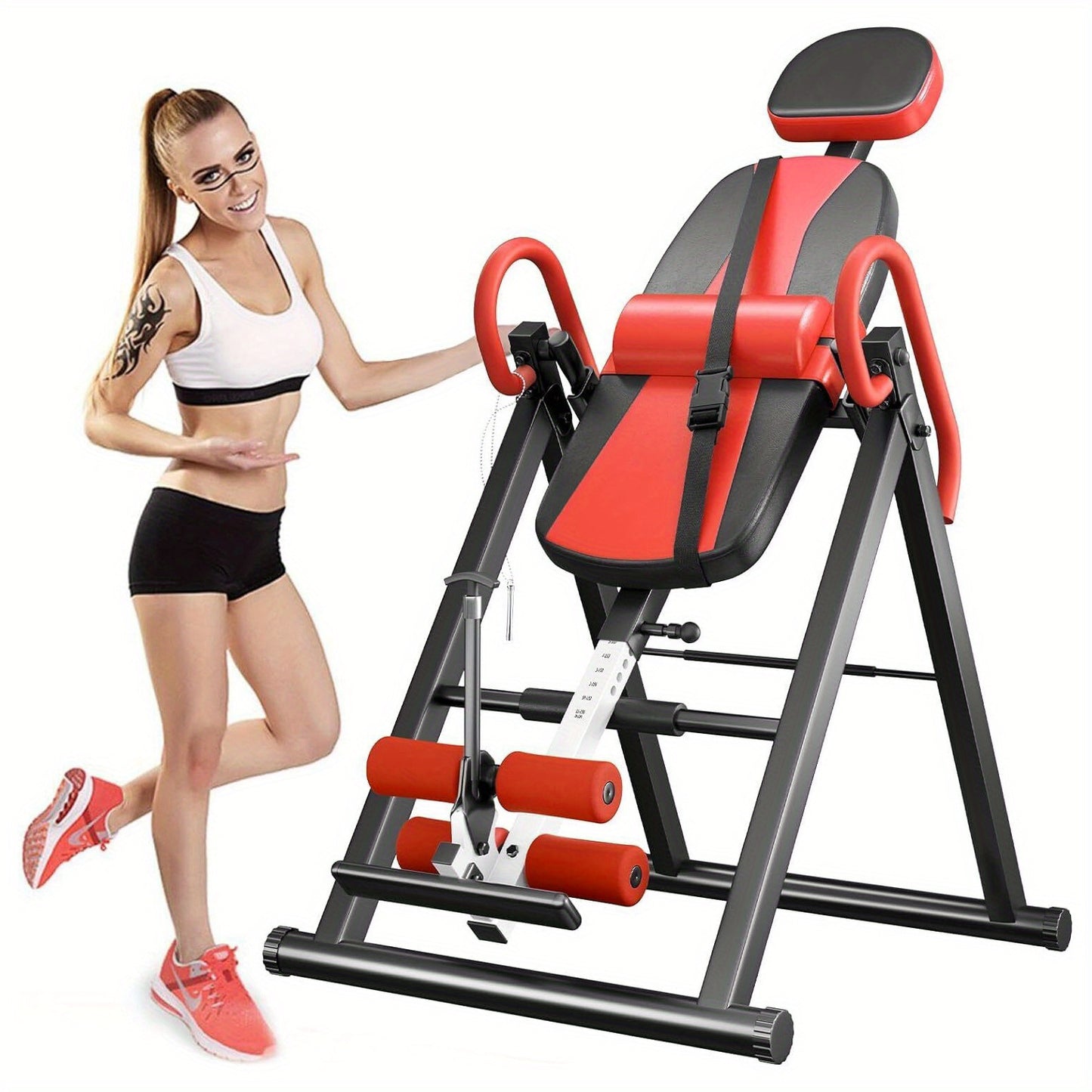 Inversietafel – Omkeerstoel – Rugontspanner – Spinal Decompressie – Fitnessapparaat – Opvouwbaar – Verstelbaar – Stevig Stalen Frame – Max 136 kg – Rood