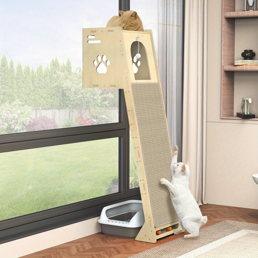 Krabpaal – Kattenboom – Krabmeubel – Kattenhuis – Kattenmand – Houten Constructie – Nestholletje Met Sisal Kraboppervlak – 107x45x42 cm