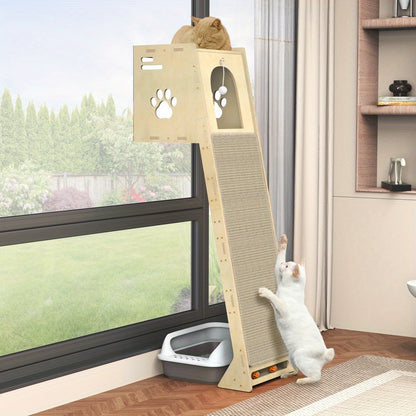 Krabpaal – Kattenboom – Krabmeubel – Kattenhuis – Kattenmand – Houten Constructie – Nestholletje Met Sisal Kraboppervlak – 107x45x42 cm
