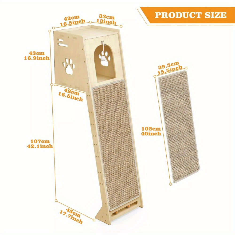 Krabpaal – Kattenboom – Krabmeubel – Kattenhuis – Kattenmand – Houten Constructie – Nestholletje Met Sisal Kraboppervlak – 107x45x42 cm