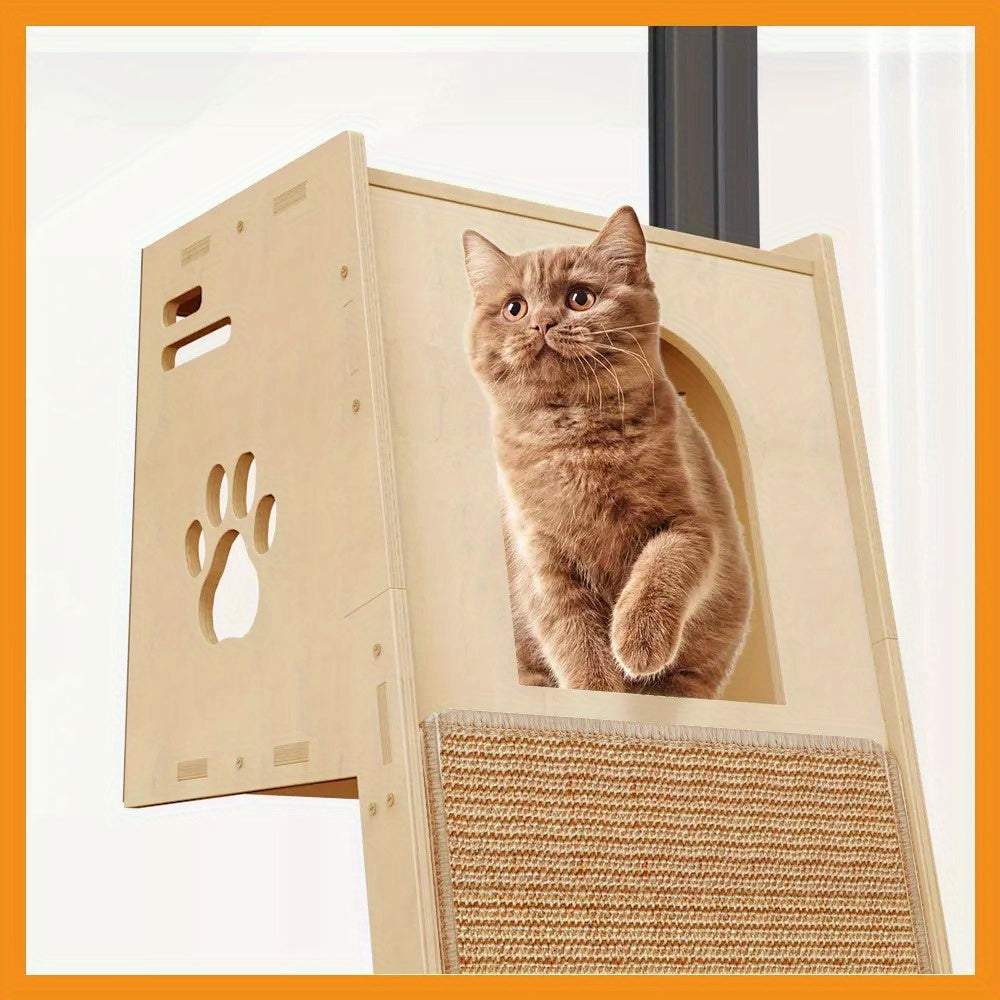 Krabpaal – Kattenboom – Krabmeubel – Kattenhuis – Kattenmand – Houten Constructie – Nestholletje Met Sisal Kraboppervlak – 107x45x42 cm