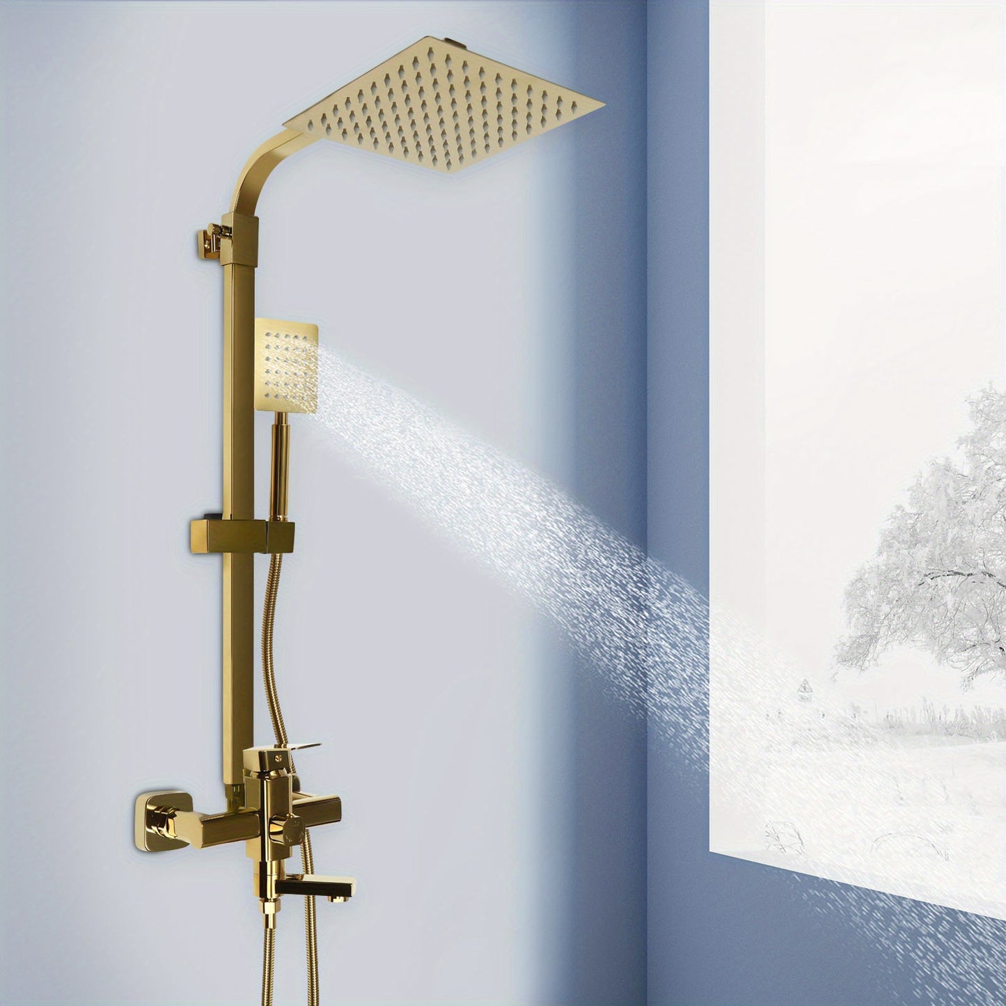 Gouden Douchekraanset – Douchepaneel – Regendouche – Handdouche – Douchepaal – Messing Materiaal – Verstelbare Hoogte 85-124 cm
