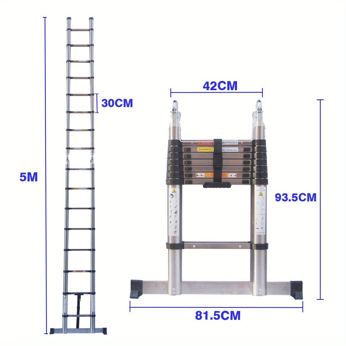 Uitschuifladder – Telescopische ladder – Vouwladder – Opvouwbare ladder – A-ladder – 5 meter hoogte – Roestvrij staal – 16 treden – Max. 150 kg draagvermogen