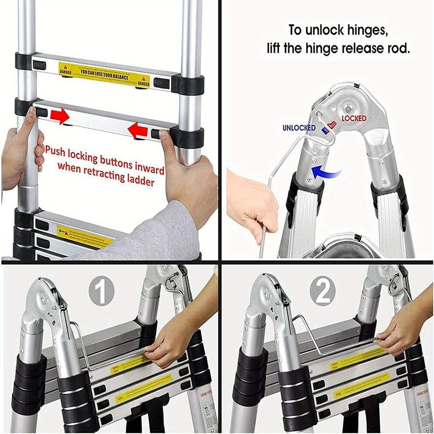 Uitschuifladder – Telescopische ladder – Vouwladder – Opvouwbare ladder – A-ladder – 5 meter hoogte – Roestvrij staal – 16 treden – Max. 150 kg draagvermogen