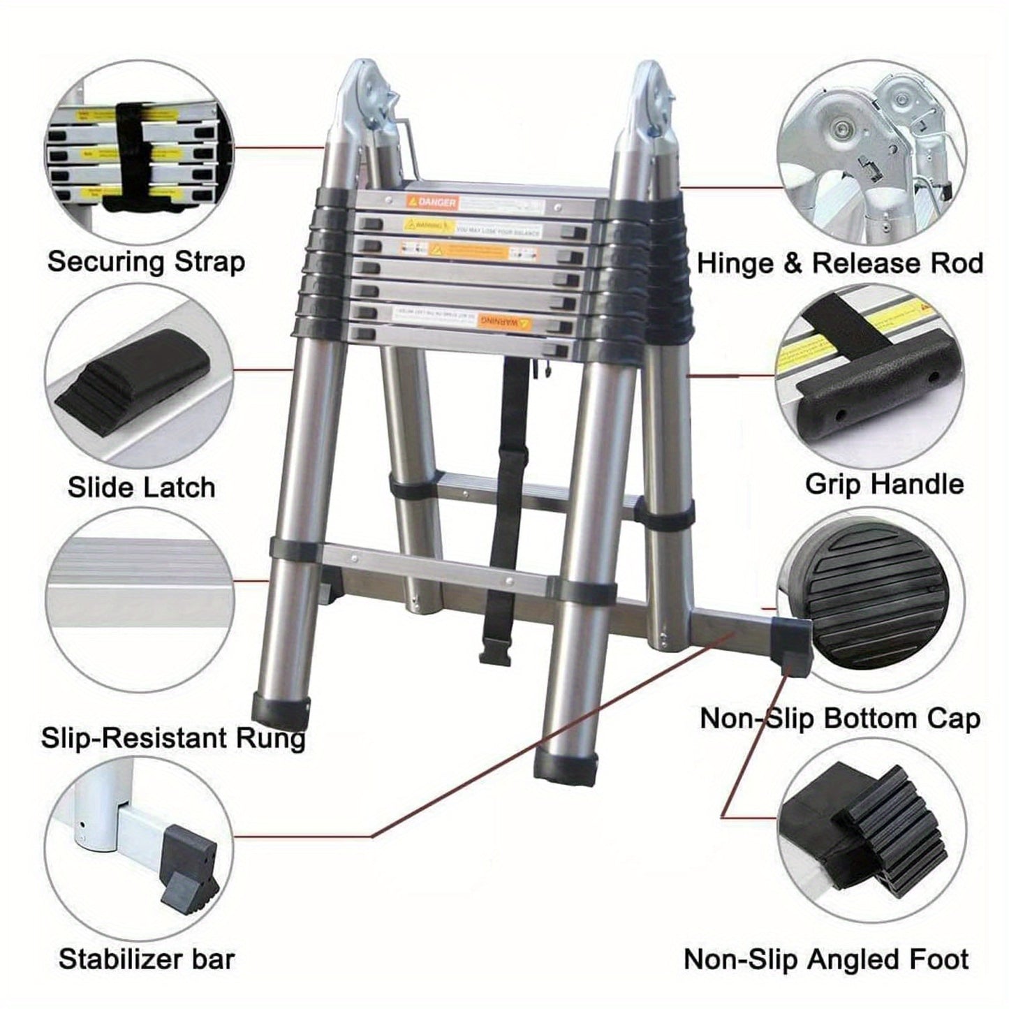 Uitschuifladder – Telescopische ladder – Vouwladder – Opvouwbare ladder – A-ladder – 5 meter hoogte – Roestvrij staal – 16 treden – Max. 150 kg draagvermogen