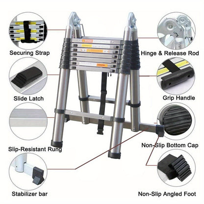 Uitschuifladder – Telescopische ladder – Vouwladder – Opvouwbare ladder – A-ladder – 5 meter hoogte – Roestvrij staal – 16 treden – Max. 150 kg draagvermogen