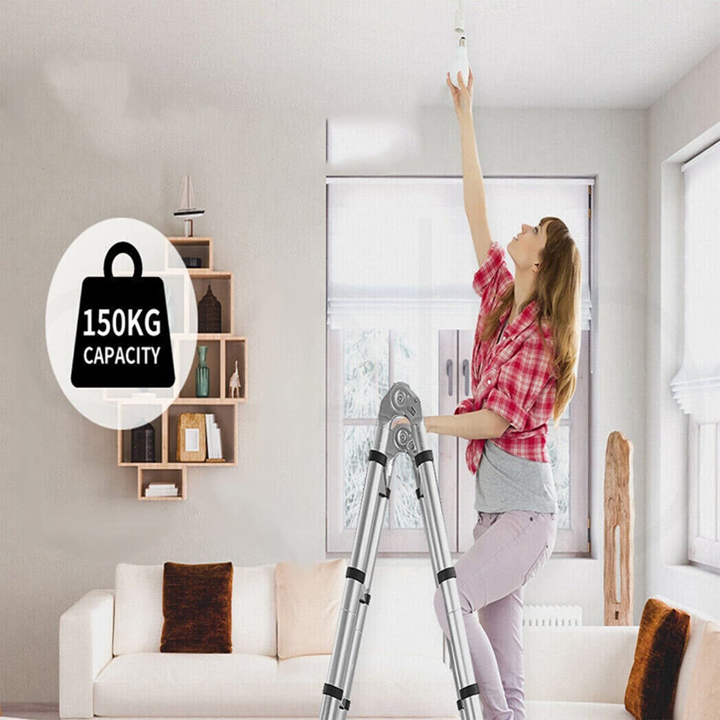 Uitschuifladder – Telescopische ladder – Vouwladder – Opvouwbare ladder – A-ladder – 5 meter hoogte – Roestvrij staal – 16 treden – Max. 150 kg draagvermogen