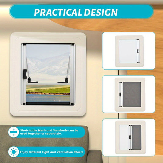 Caravanraam – Camperraam – Camperraam Schuifraam – RV Raam – Motorhome Raam – Aluminium Frame – Dubbelwandig Isolatieglas – 450x500mm – Snel Klemsysteem – Ingebouwde Zonwering & Hor – 70° Draaikiep Openbaar