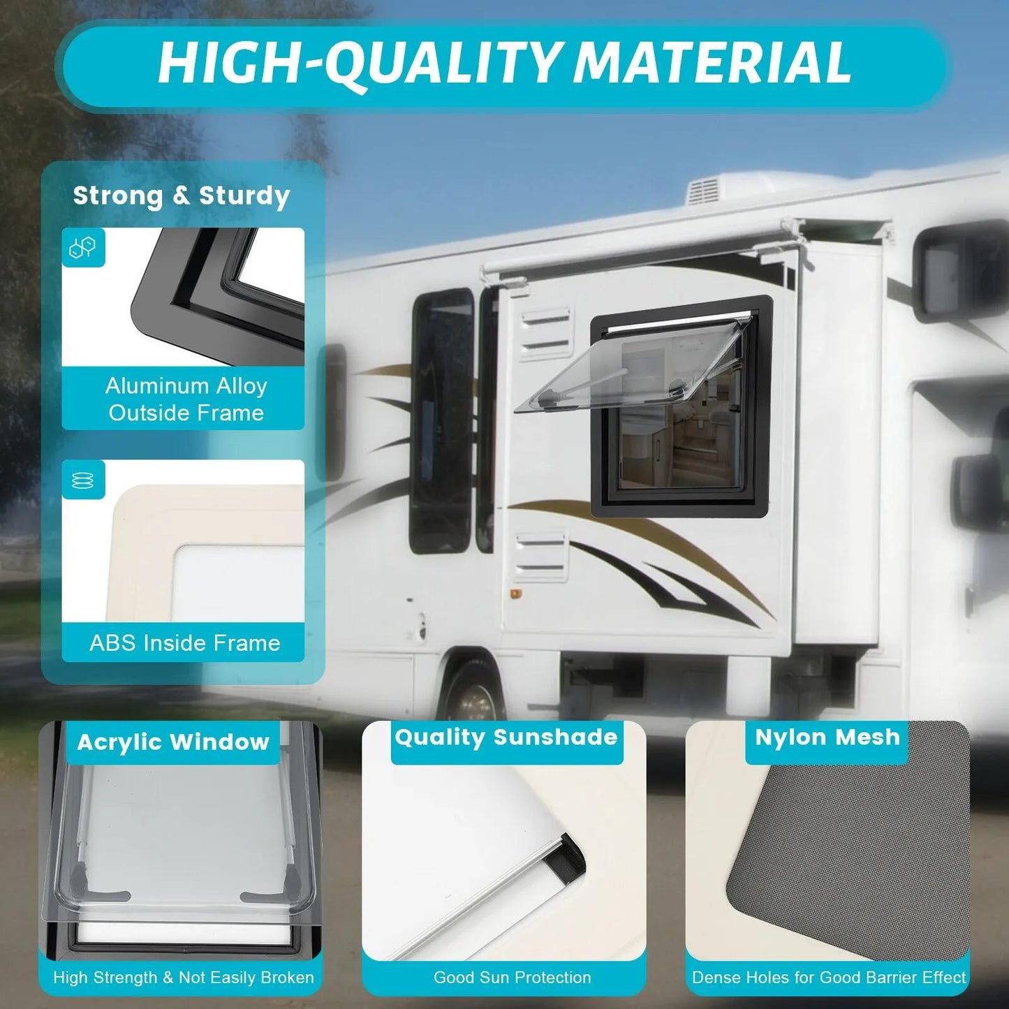 Caravanraam – Camperraam – Camperraam Schuifraam – RV Raam – Motorhome Raam – Aluminium Frame – Dubbelwandig Isolatieglas – 450x500mm – Snel Klemsysteem – Ingebouwde Zonwering & Hor – 70° Draaikiep Openbaar