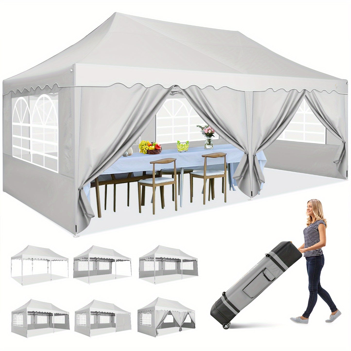Pop-up Tent – Partytent – Evenemententent – Tuinkamer – Paviljoen – Wit – 3x6 Meter – 6 Afneembare Zijwanden – Snel Op te Zetten – Inclusief Rollerbag en Zandzakken