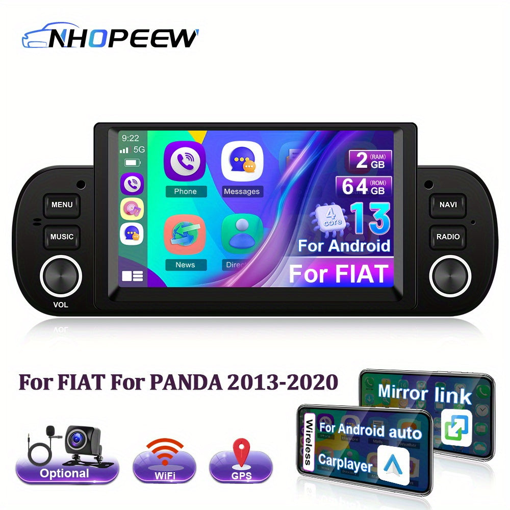 NHOPEEW 2GB+64GB for Android 13.0 Car Radio Car Stereo, 15.75 cm Touch Screen Car Radio Multimedia Player for FIAT for PANDA 2013-2020 with Wireless Carplayer& Wireless Auto Mirror Link WiFi GPS FM Radio with AHD Camera& MIC(