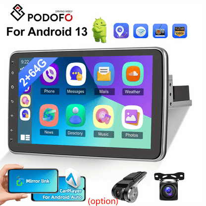 podofo 2G 64G Car Stereo Android Single Din Touch Screen Wireless Carplayer for Android Auto, 10.1 inch GPS Rotatable Car Radio with Wireless 1 Din WiFi HiFi FM RDS SWC Backup Camera Mic DVR Camera