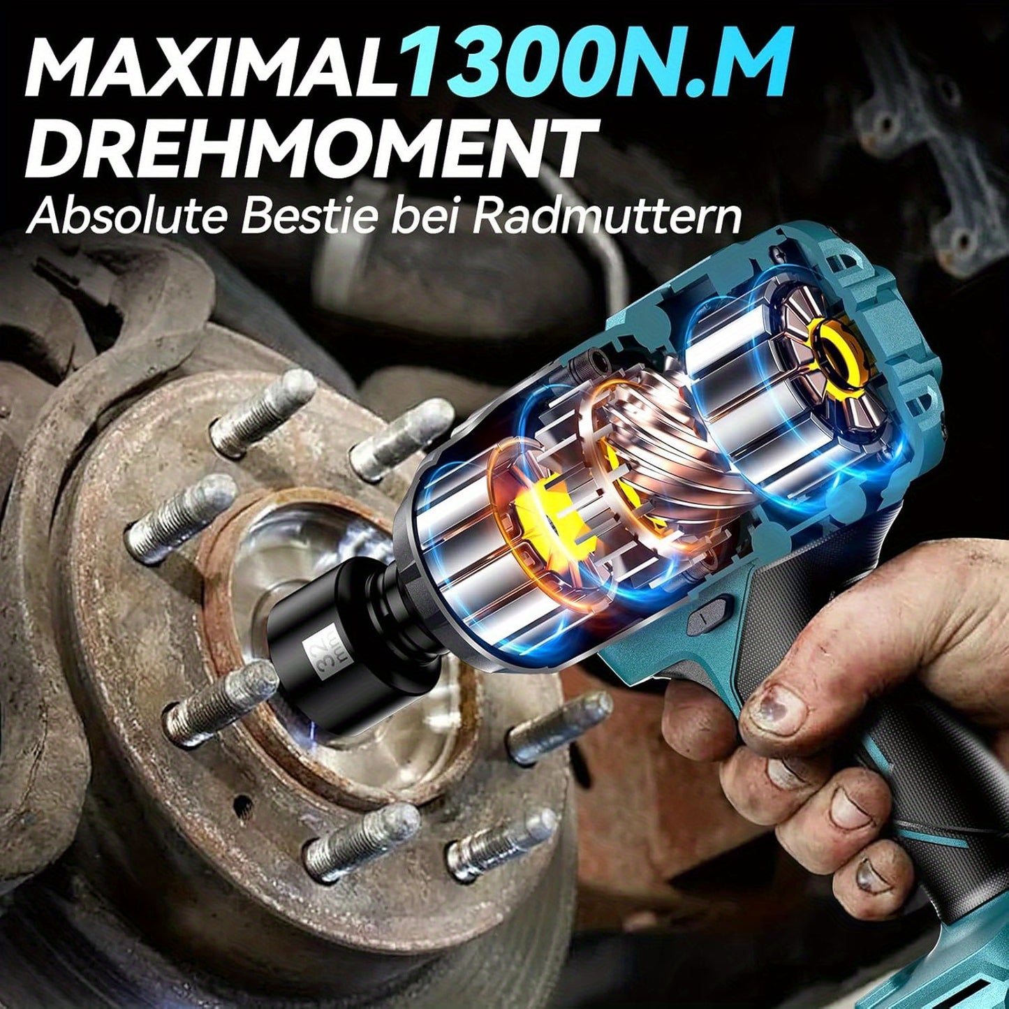 Draadloze Slagmoersleutel – Accu Slagmoersleutel – Elektrische Slagmoersleutel – Batterij Slagmoersleutel – Slagmoersleutel 1300 Nm – Borstelloze Motor – Inclusief 2x 5000 mAh Batterijen