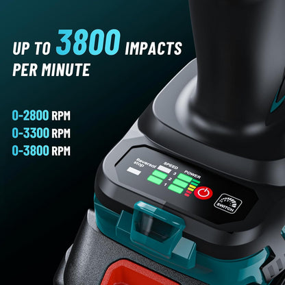 Accu Momentsleutel – Slagschroevendraaier – Draadloze Impact Wrench – Elektrische Boutenlichter – Accuboormachine – 1600 Nm Koppel – 2x 5000mAh Batterijen – 3 Versnellingen