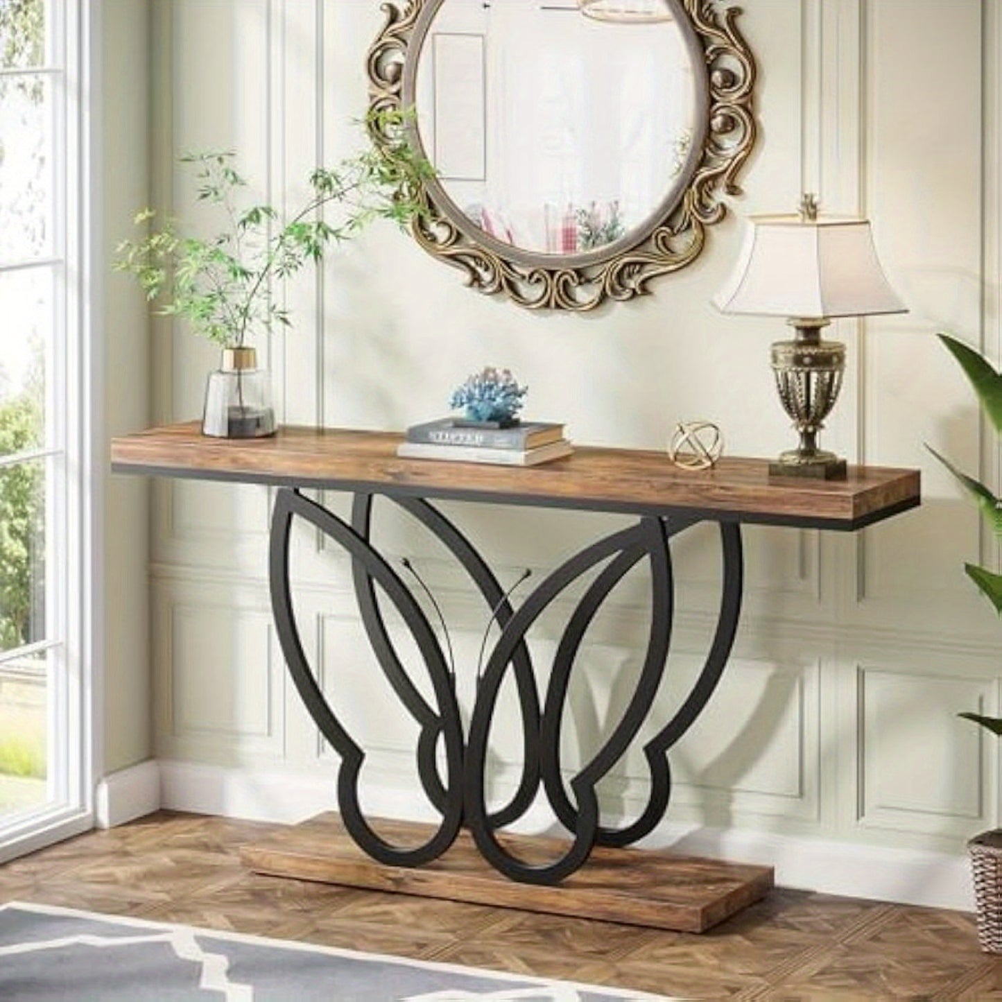 Sofa Tafel – Sidetable – Console Tafel – Haltafel – Woontafel – 55 Inch Smal – Rustiek Houten Blad Met Vlinder Metalen Frame