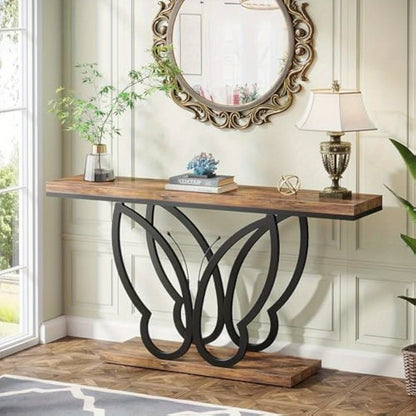 Sofa Tafel – Sidetable – Console Tafel – Haltafel – Woontafel – 55 Inch Smal – Rustiek Houten Blad Met Vlinder Metalen Frame
