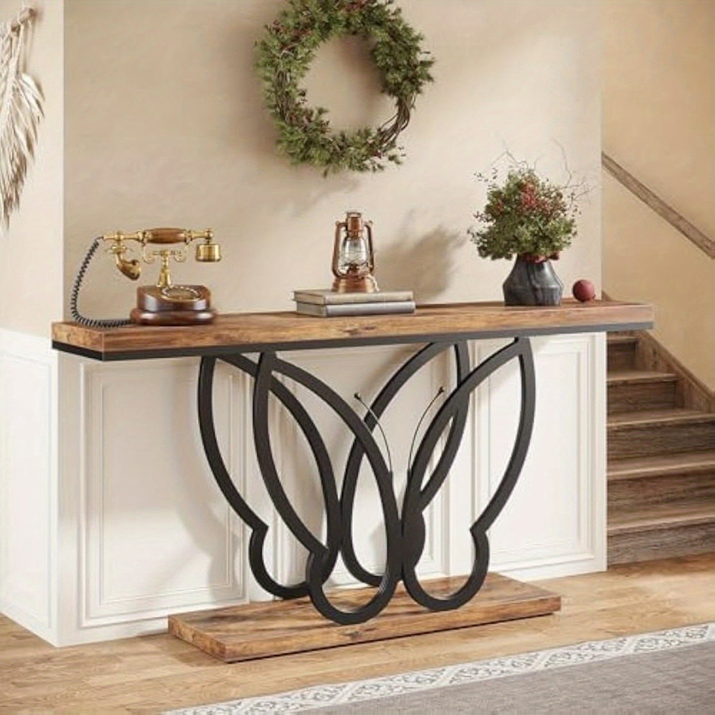 Sofa Tafel – Sidetable – Console Tafel – Haltafel – Woontafel – 55 Inch Smal – Rustiek Houten Blad Met Vlinder Metalen Frame