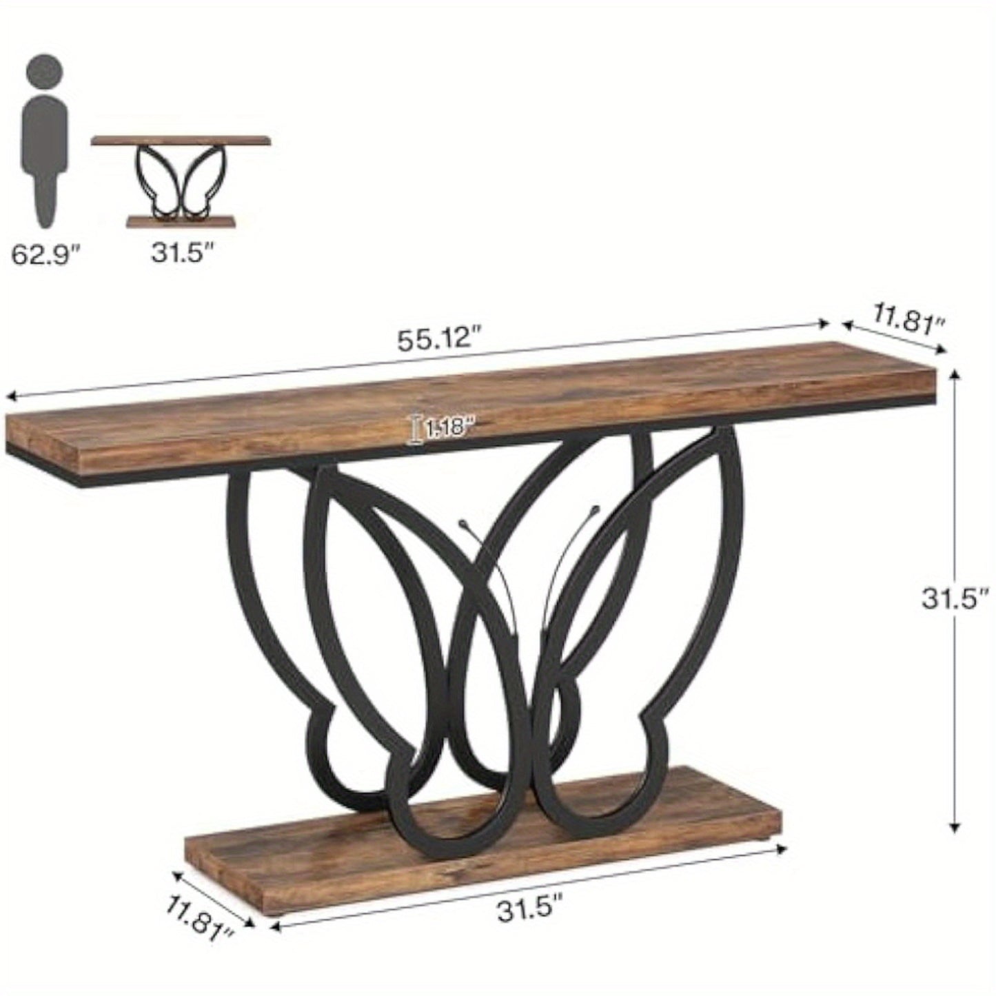 Sofa Tafel – Sidetable – Console Tafel – Haltafel – Woontafel – 55 Inch Smal – Rustiek Houten Blad Met Vlinder Metalen Frame