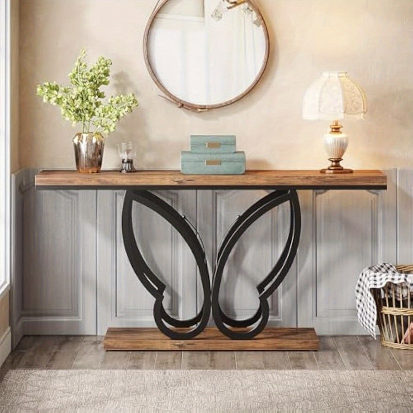 Sofa Tafel – Sidetable – Console Tafel – Haltafel – Woontafel – 55 Inch Smal – Rustiek Houten Blad Met Vlinder Metalen Frame