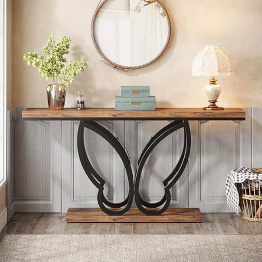 Sofa Tafel – Sidetable – Console Tafel – Haltafel – Woontafel – 55 Inch Smal – Rustiek Houten Blad Met Vlinder Metalen Frame