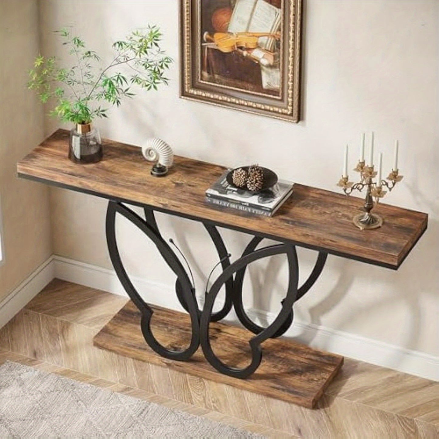Sofa Tafel – Sidetable – Console Tafel – Haltafel – Woontafel – 55 Inch Smal – Rustiek Houten Blad Met Vlinder Metalen Frame