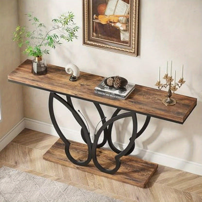Sofa Tafel – Sidetable – Console Tafel – Haltafel – Woontafel – 55 Inch Smal – Rustiek Houten Blad Met Vlinder Metalen Frame
