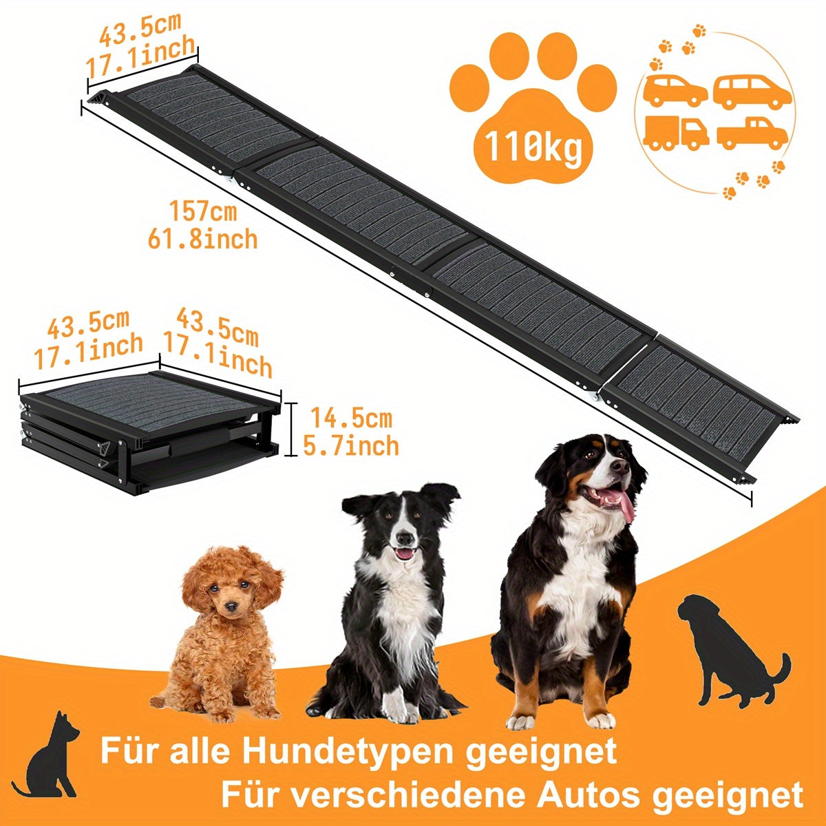 Hondenloopplank – Hondentrap – Loopplank – Hondentrapje – Opstapje – Zwart – Inklapbaar – Antislip – 157 cm – Metaal