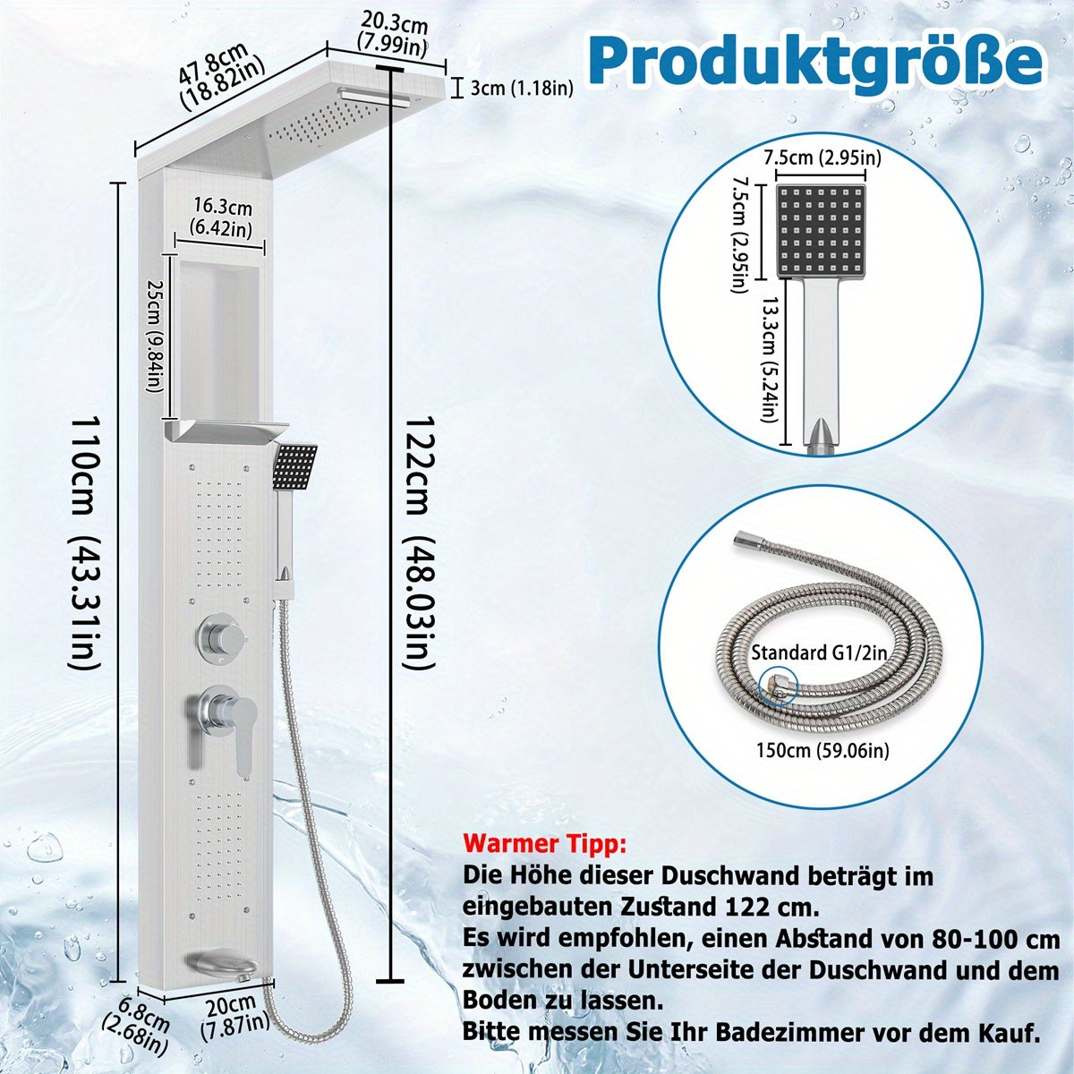 Shower column Shower panel Shower Shower system Stainless steel rain shower with 5 shower modes