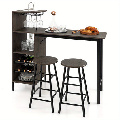 3pcs Bar Table and Chairs Set Industrial Pub Table & Stools w/6-Bottle Wine Rack